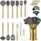 Set di utensili da cucina dorati, Kyraton 38 pezzi da cucina in silicone antiaderente, setdi cucchiai e spatole con robusto supporto per utensili in acciaio inox