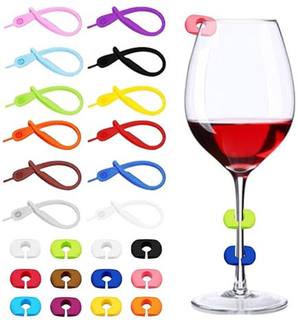 KLOP256 24 Stück Glasmarkierer Glasmarker Silikon Wiederverwendbarer Glasmarkierung, Glaskantenring Buntes Weinglasmarkierer für Weinglas Champagnerglas Martini-Glas Trinkglas