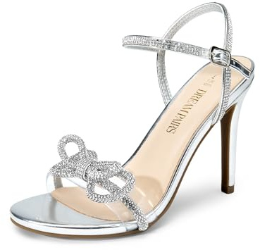 DREAM PAIRS Women's Heels Round Toe Rhinestone Double Bowknots Sparkly Stilettos Heeled Sandals Shoes for Party Evening SDHS2451W,Size 6.5,Silver-Pu,SDHS2451W