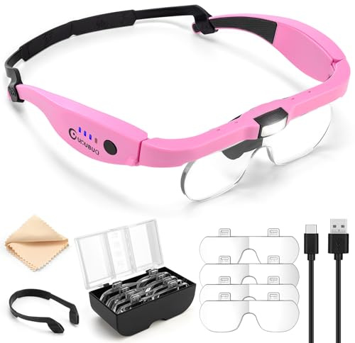 GUOUBUO Magnifying Glass with Light, 1.5X-5.0X Magnifying Glasses, Rechargeable Magnifier Headset with Light, Head Magnifier with 4 Detachable Lenses, Magnify Glasses for Close Work Crafts Jewelry