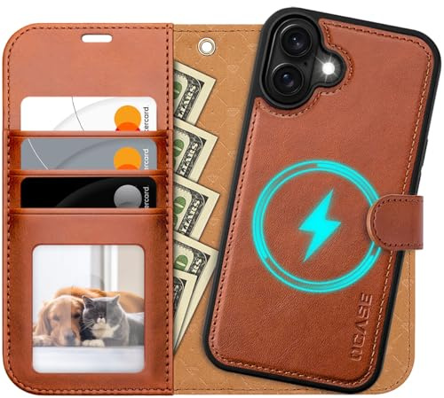 OCASE for iPhone 16 Case, Detachable 2 in 1 PU Leather Wallet Case with RFID Blocking, Wireless Charging, Card Holders, Kickstand, Shockproof Removable Phone Cover, Brown