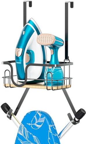 Accroche Table a Repasser, Support Fer a Repasser Montage Mural, Support Planche a Repasser avec Grand Panier de Rangement et Crochets Amovibles, Porte Planche à Repasser pour la Buanderie, Noir