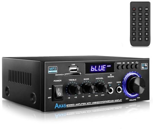 AK45 ljudförstärkare Bluetooth 5.0 HiFi stereoförstärkare max 400 W 2.0 kanal ljudeffektförstärkare mini AMP stereomottagare 12 V 5 A strömförsörjning med fjärrkontroll, FM-radiomikrofik, USB,