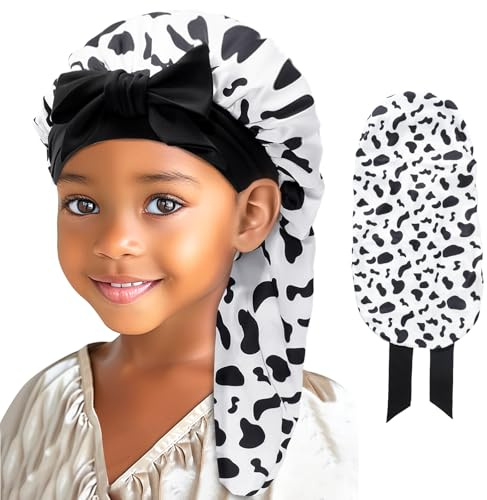 Lolalet Bonnet Satin Longue pour Fille, Bonnet de Nuit Enfants en Satin avec Élastique, pour Enfants de 5 à 12 Ans -Vache