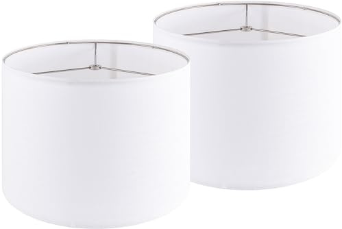 Set of 2 Pure White Textured Drum Lamp Shade Linen Lamp Shades 14op x 14“Bottom x 11”High(Spider) Medium Modern lampshade for Table Lamp & Bedside Lamp - Top and Bottom Self Trim