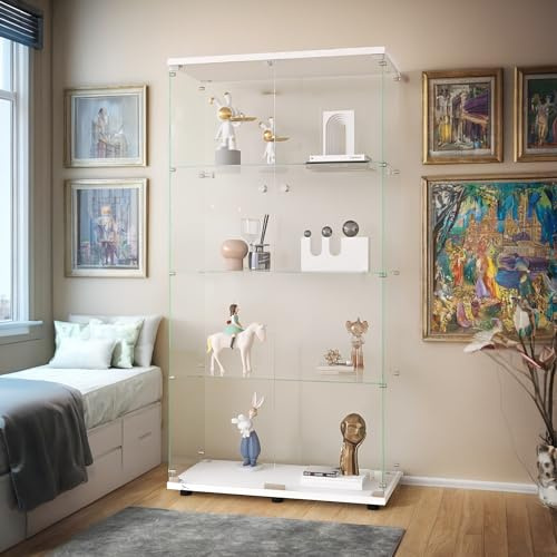 BLSYHDH Vetrina in vetro 164 cm, armadio vetrina per collezione con 2 ante 4 ripiani trasparente mobile vetrina vetro vetrina statuetta armadio vetrina soggiorno bar (4 piani 2 porta, bianco)