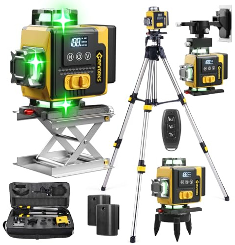 Geevorks Laser Level with Tripod Self Leveling,4D Laser Level 360 Green 16 Lines 3°, Multifunctional LCD Display,Waterproof IP54, with 2x2400mAh Batteries,Remote
