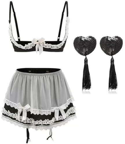 AndThere Lingerie for Women Sexy Halter Bustier Babydoll Lace Sleepwear Dress with Garter Belt Mesh Teddy Chemise with Stockings Nipple Cover