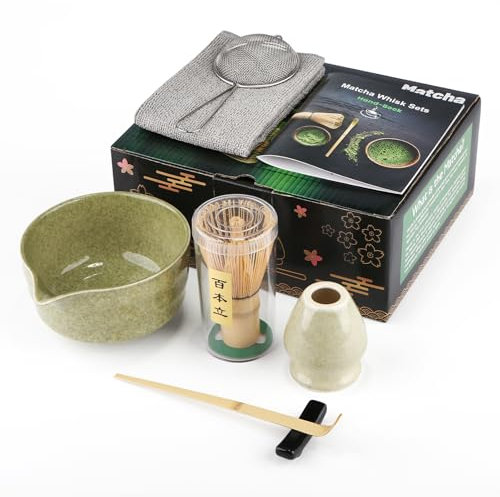 Juego de té macha de 7 piezas, con cuchara de matcha, soporte para batidor, batidor de bambú matcha, pala, colador, accesorios de matcha, ceremonia de té tradicional japonesa, el mejor regalo para los