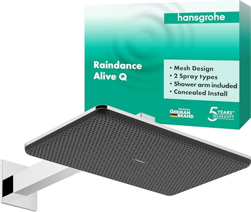 hansgrohe Raindance Alive Q - Huvuddusch med vägganslutning, runt Duschhuvud (340 x 210 mm), Regndusch med 2 stråltyper (inkl. PowderRain) för väggmontering, med antikalk-funktion, krom, 24550000