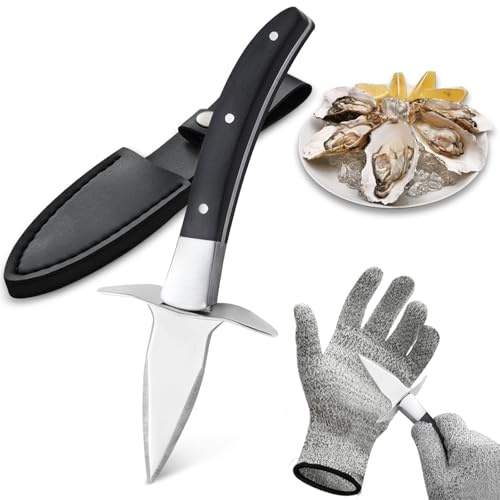 BEWOS Juego de 2 abridor de ostras con funda:incluye un abridor de ostras de 16,5 cm con cuchilla de acero inoxidable, con mango de madera de primera calidad para todo tipo de mariscos.