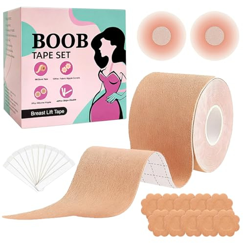 Verilune Boob Tape Kit – 8m Waterproof Breast Lift Tape with Push-Up Support & Reusable Nipple Covers for Strapless, Backless & Plunge Outfits– Beige