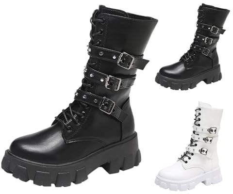 Generisch Stivali da donna in stile gotico, stile punk, alla moda, con fibbia, con plateau e zeppe, a metà alti, per il tempo libero, in tinta unita, eleganti stivaletti invernali