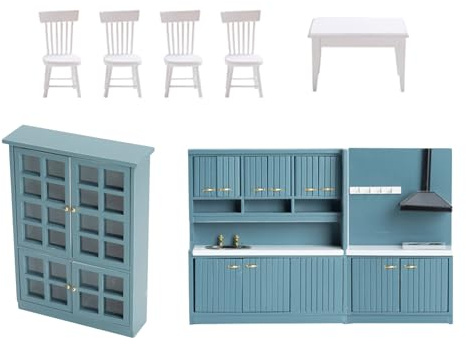MHADBKH Ensemble de 7 meubles de cuisine en chêne pour enfants - Meuble de rangement - Table de salle à manger et chaises