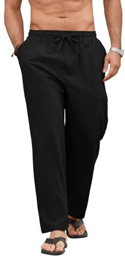 Vorvowry Mens Linen Trousers Casual Loose Fit Drawstring Pants Summer Lightweight Breathable Cotton Blend Beach Lounge Pants with Pockets Black L