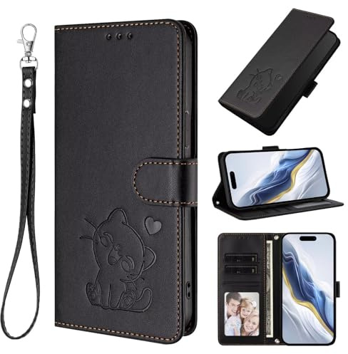 TUUNKMUY för Cricket Debut S3 fodral, flip PU-läder präglad katt stöttåligt bokplånbok fodral med stativ magnetisk folio TPU stötfångare gel skyddande telefonskydd för cricket Debut S3 svart