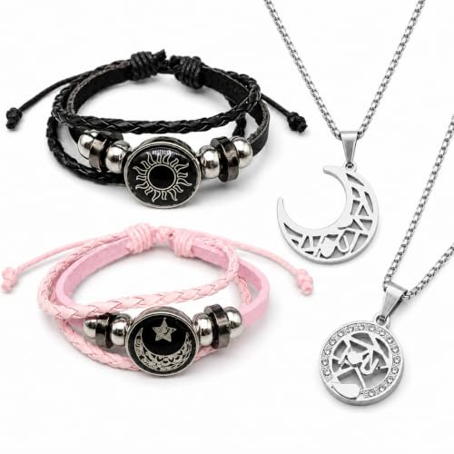 ARYIMYDP Set Bijoux Couple Soleil Lune, 2 Bracelets réglables et 2 Colliers, Bracelets Partenaires amitié Cadeau pour Femme Homme, Relation à Distance, Cadeau Couple, Bijoux Duo, Anniversaire, Lien