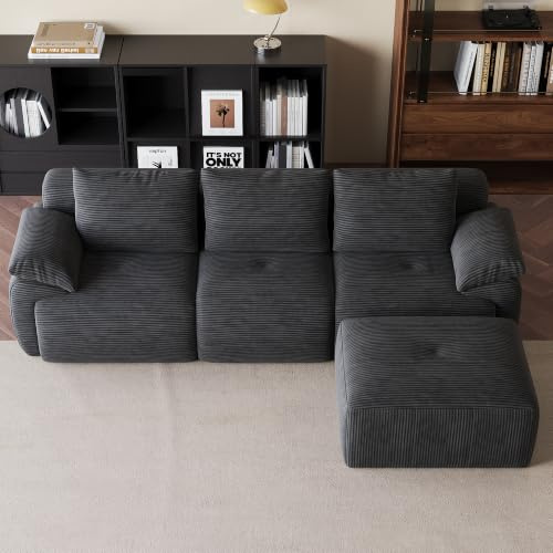 L-formad modulär soffa, 3-sitsig 264 cm bred hörnsoffa med sovfunktion | Cord golvsoffa boneless soffa med ottoman för vardagsrum, gästrum lägenheter, vakuumförpackad, ingen montering krävs