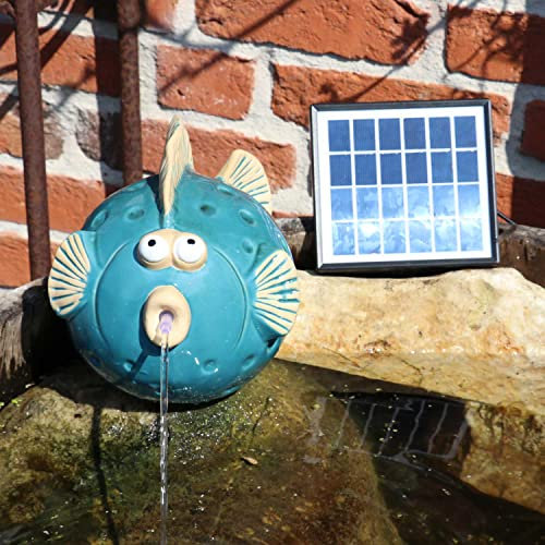 Wasserspeier Fisch mit Solarpumpe blau aus Keramik für Miniteich oder Weinfass