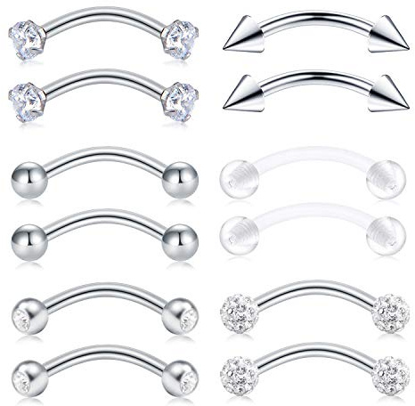 AceFun 16G Piercing Bananes Levre Sourcil Nombril Anneaux Piercing Helix Tragus Rook Oreille Arcade Curved Barbell 8mm Acier Chirurgical 316L -12 Pièces