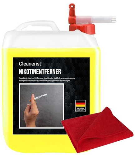 Cleanerist 5 Liter Ruß und Nikotinreiniger AP05 | Nikotinentferner Russentferner | Nikotin Reiniger anti Rauch | Kunststoffreiniger Nikotin-Ablagerungen I inkl. Ausgießer & Microfasertuch