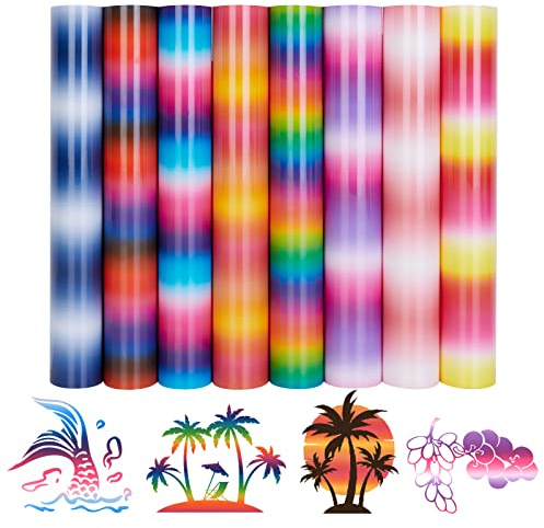 Tintnut Gradient Heat Transfer Vinyl - 8 Pack 12 x 10 Ombre HTV Rainbow Iron on Vinyl Colorful Printable HTV for T-Shirts Logo Hat Fabric Easy to Weed