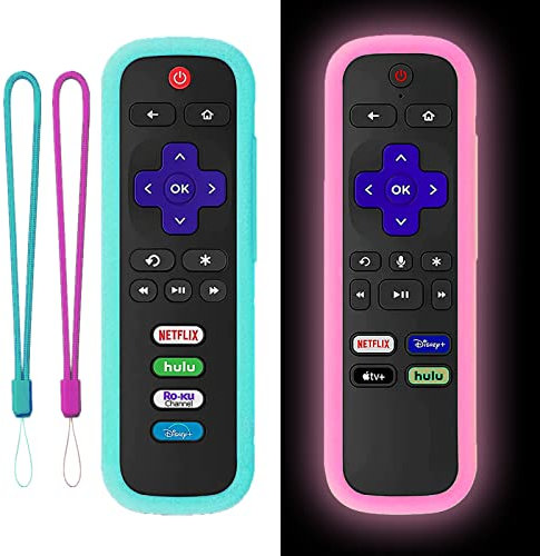2-pack silikonskyddsfodral för Roku TCL | Hisense Roku fjärrfodral universellt för Roku Express 4K+ 2021 | Roku streamingsticka + fjärrkontroll med nyckelband glöd rosa och himmelsblå (ej glöd)