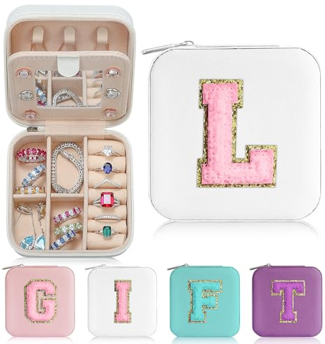 Parima Travel Jewelry Case - Initial Jewelry Boxes, Travel Gifts for Women Girl, Ring, Necklace, Earring Organizer Box - Initial L, White