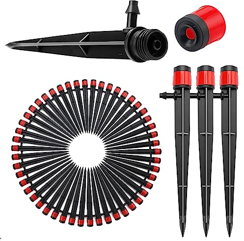 VooGenzek 50 Pezzi Goccia a Irrigazione Regolabile, 360 Gradi Gocciolatore di Emettitore Micro con Barb Connettore & Staffa per Tubo, Teste di Irrigazione da Giardino per Tubo 4/7 mm, Rosso