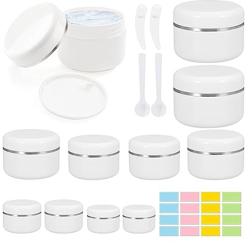 10 Pcs Cosmetic Sample Jars, 10/20/30/50/100ml Plastic Refillable Travel Pots for Toiletries Empty Cosmetic Container Pots with Mini Spatulas Spoon and Labels for Makeup Beauty Nails