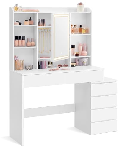 VASAGLE KAILYN Collezione - Toeletta con Luci LED a LuminositàRegolabile, Tavolo da Trucco con Specchio, Scomparti Aperti, Ripiani Regolabili, Postazione Trucco, Moderno, Bianco Nuvola RDT624W01