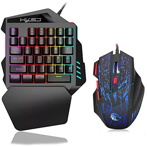 HUIOP One-Handed J50 Teclado para Juegos de una Mano 35 Teclas Retroiluminación LED + Ratón para Juegos con Cable con luz de respiración 5500 dpi Combo de Teclado y Mouse de 7 Botones