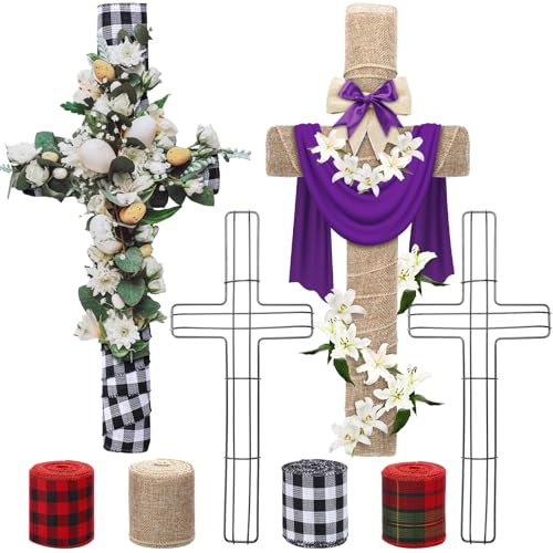 Treela 4 Set Cross Metal Wreath Frame with Ribbon Burlap Buffalo Plaid Ribbon 16 Inch Cross Shaped Metal Wire Wreath Form for Easter Garden Religious Church DIY Craft Project Indoor Outdoor Decoration