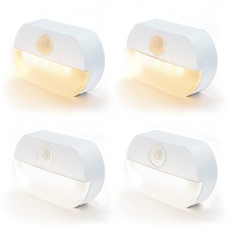 Nachtlicht mit Bewegungsmelder Batterie - 2 weiße+2 warmweiße LED Bewegungsnachtlichter Innen Treppenhauslicht Sensor Licht,Auto EIN/AUS,für Dielen,Flure,Schlafzimmer,Kinderzimmer,Richtungsleuchten