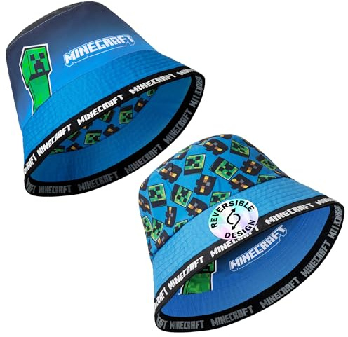 Minecraft Fischerhut Kinder Jungen Bucket Hat für Sommer, Urlaub, Strand - Gamer Geschenke für Jungs (Blau Umkehrbar)