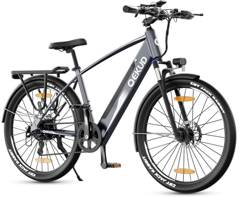 Qekud 27 M204 E-cykel 27,5 tum stadscykel, 36 V/12 Ah batteri ebike, 250 W motor, elcykel räckvidd 100 km till 25 km/h, elcykel med app, grå