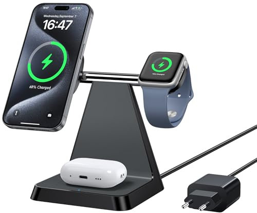 Mag-Safe Ladegerät Für iPhone Wireless Charger: 3 in 1 Mag-Safe Ladestation Kompatibel mit iPhone 16 15 14 13 12 Serie, Travel Induktive Ladestation Für Apple Watch & Air Pods(Schwarz)