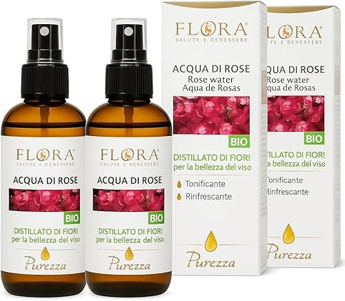 FLORA Acqua Aromatica di Rose BIO‑COSMOS pack da 2 Pz da 100 ml Idrolato di Rosa Damascena 100 % Puro, Tonico Viso Lenitivo & Idratante, Rinfrescante Corpo • Capelli, Aroma Relax per Cosmesi e DIY