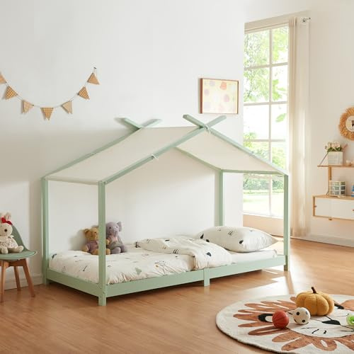 [en.casa] Cama para Niños Brome con Techo de Textil Desmontable Cama Infantil Individual con Somier Estructura en Forma de Casa Estilo Montessori 90 x 200 cm Madera Pino - Verde Menta y Blanco