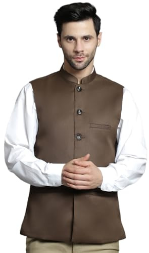 Maple Clothing Men's Modi Jacket Traditional Indian Sleeveless Mandarin Neck Waistcoat Vest (Brown, M)