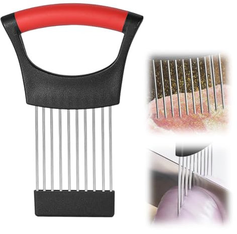 Onion Holder for Slicing, 2025 New Onion Slicer, Cutter for Slicing of Meat, Onion, Potato, Tomato Kitchen Gadgets (1, Black and red)
