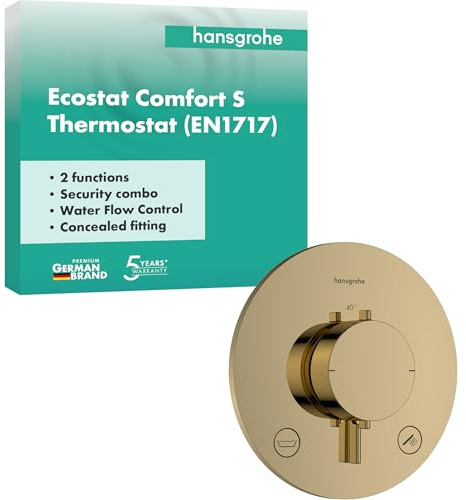 hansgrohe Ecostat Comfort S – duschtermostat infälld med säkerhetskombination, duscharmatur med säkerhetslås (SafetyStop) vid 40 °C, termostat för 2 konsumenter, polerad guldoptik, 33718990