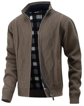 MeiLayM Stickad herrcardigan tjock stickad hel dragkedja kappa stående krage varm tröja jacka vinter vardaglig långärmad med fickor fleecefodrade varma ytterkläder, Khaki, M