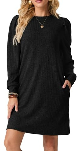 PrinStory Black Jumper Dress for Women UK Winter Long Sleeve Round Neck Casual Dresses with Side Pocket (Black, XL)