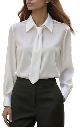 Blouse for Women UK Dressy Tie Collared Neck Tops Cuffed Long Sleeve Shirts Basic Plain Business Top Ladies Office Work Blouses Stylish Shirts for Smart Elegant Casual Outings White