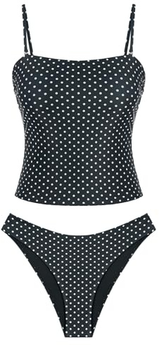 ZAFUL Women's Floral Tankini Swimsuits Bandeau Tummy Control High Cut Tankini Set Two Piece Bathing Suit(1-Polka dots, M)