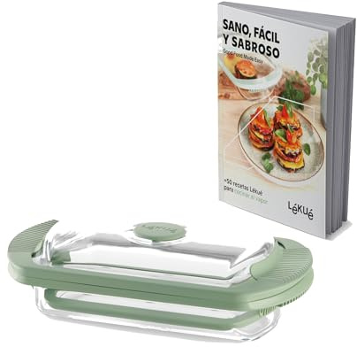 Lékué Estuche de vapor de vidrio transparente con libro de recetas en español, 2 personas, 750 ml