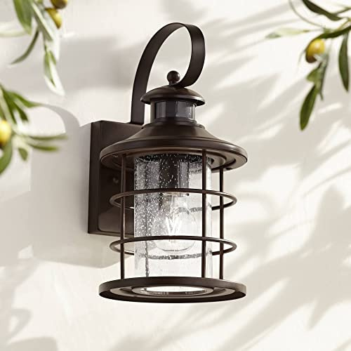 John Timberland Hogan Vintage Outdoor Wall Light Fixture Oil Rubbed Bronze 14 Seedy Glass Dusk to Dawn Motion Sensor for Exterior House Porch Patio Outside Deck Garage Yard Front Door Garden