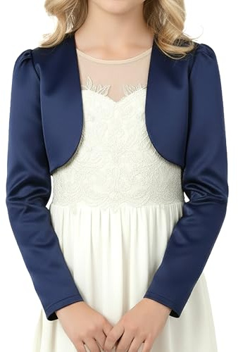 BlackButterfly Kids Satin Long Sleeve Bolero Childrens Girls Shrug (Midnight Blue, 13-14 Years)
