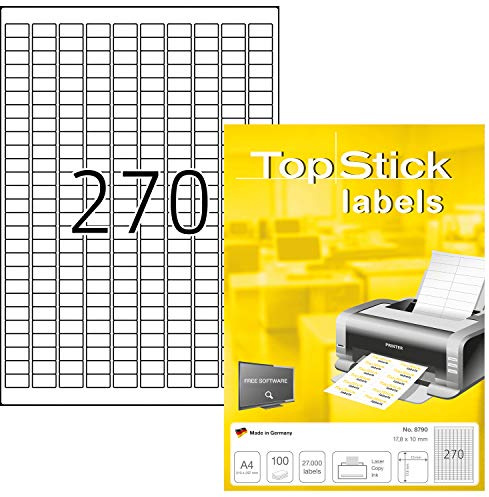 TopStick Etichette Multiuso Autoadesive - 270 per Foglio A4, 100 Fogli, 17,8 x 10 mm, 27000 Totali - Universali Vuote per Stampanti Laser e Inkjet, Bianco
